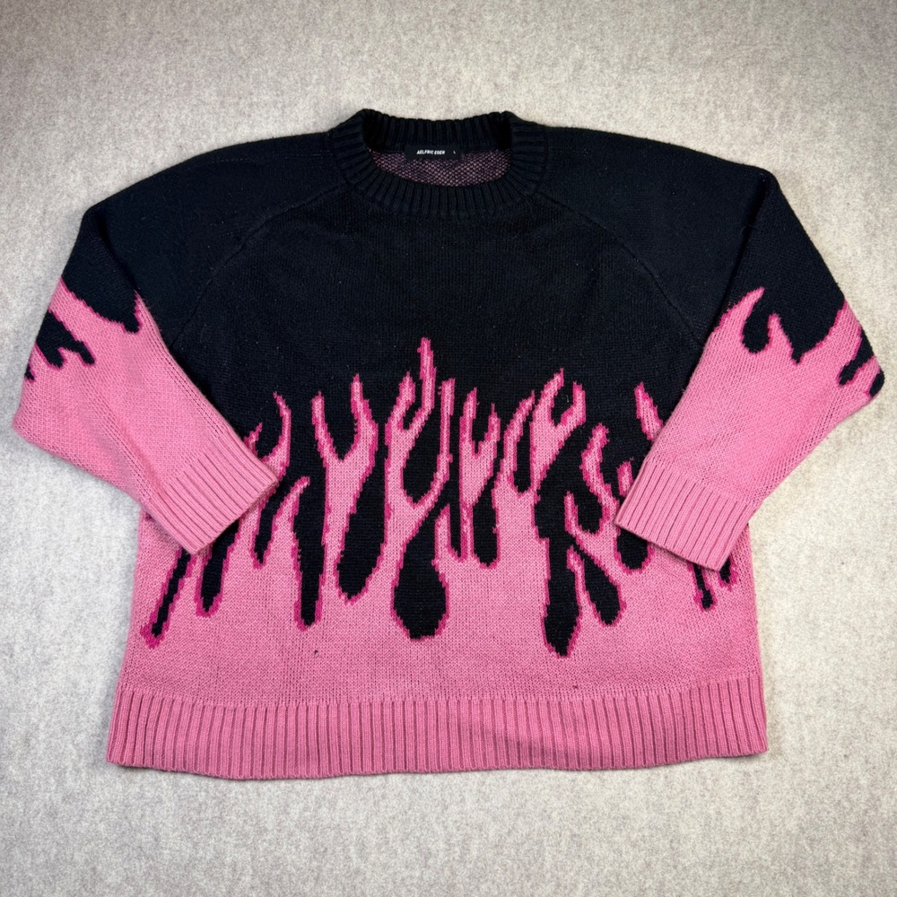 Aelfric Eden Pink Black Flame Oversized Knit Sweater Crewneck Streetwear Large